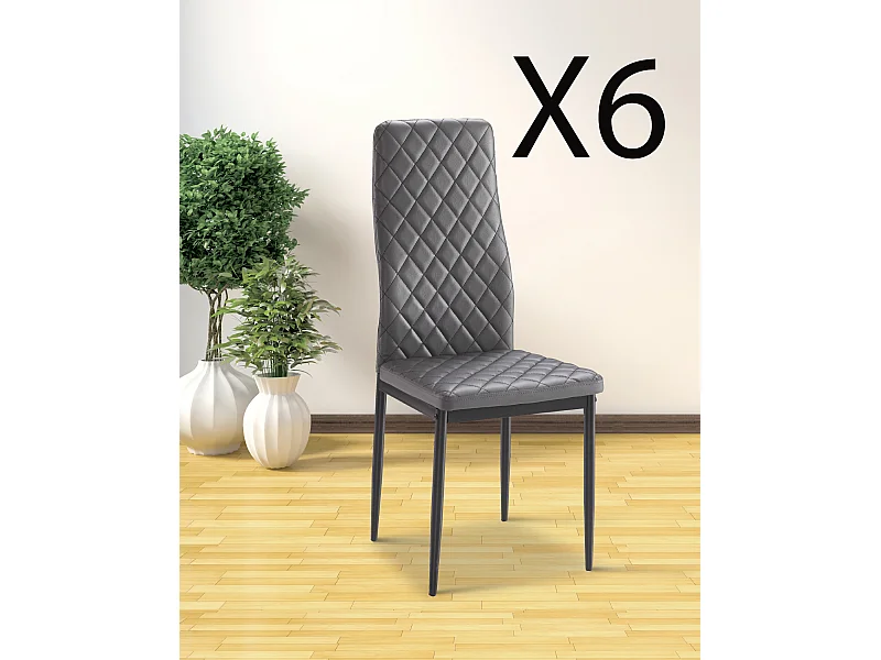 Lot de 6 chaises de salle à manger en PU coloris gris avec pieds chromés - Longueur 41 x profondeur 51 x hauteur 98 cm