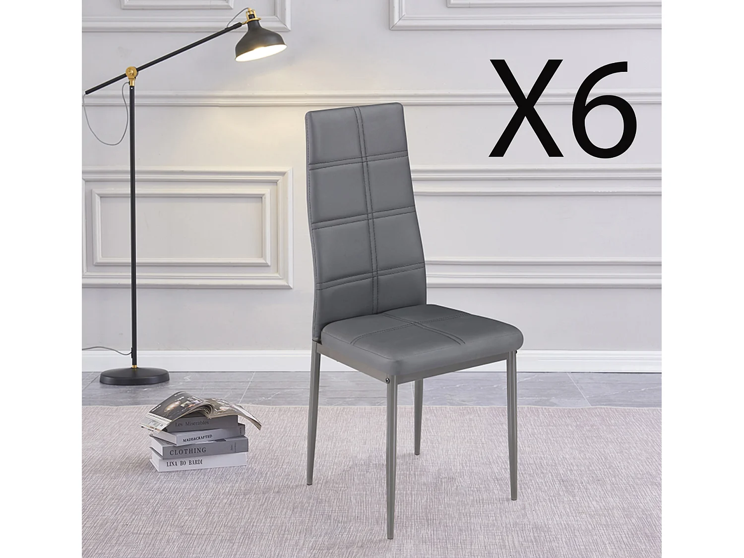 Lot de 6 chaises de salle à manger en PU coloris gris avec pieds chromés - Longueur 41 x profondeur 52 x hauteur 98 cm