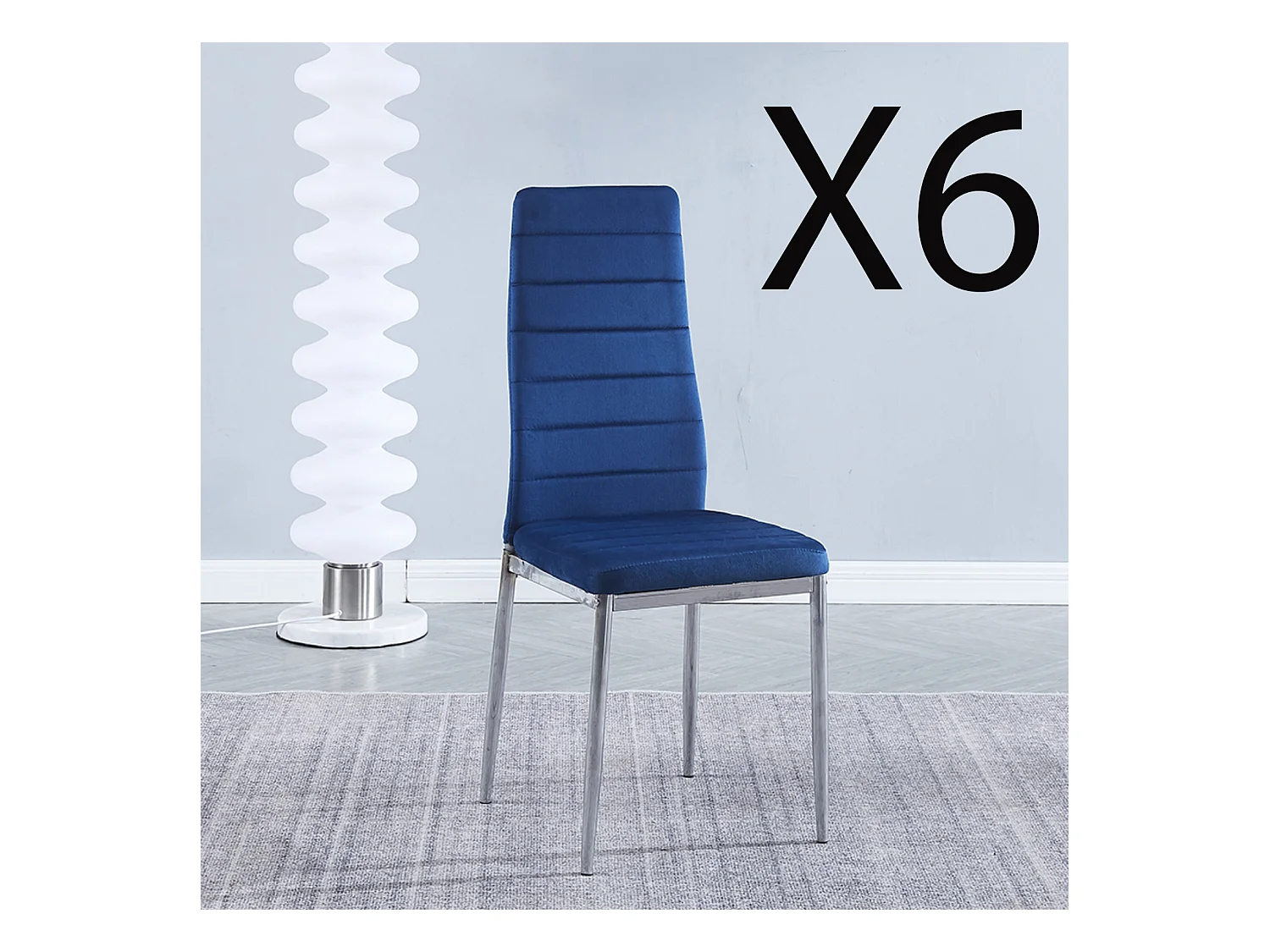Lot de 6 chaises de salle à manger en velours coloris bleu avec pieds chromés - Longueur 41 x profondeur 52 x hauteur 98 cm