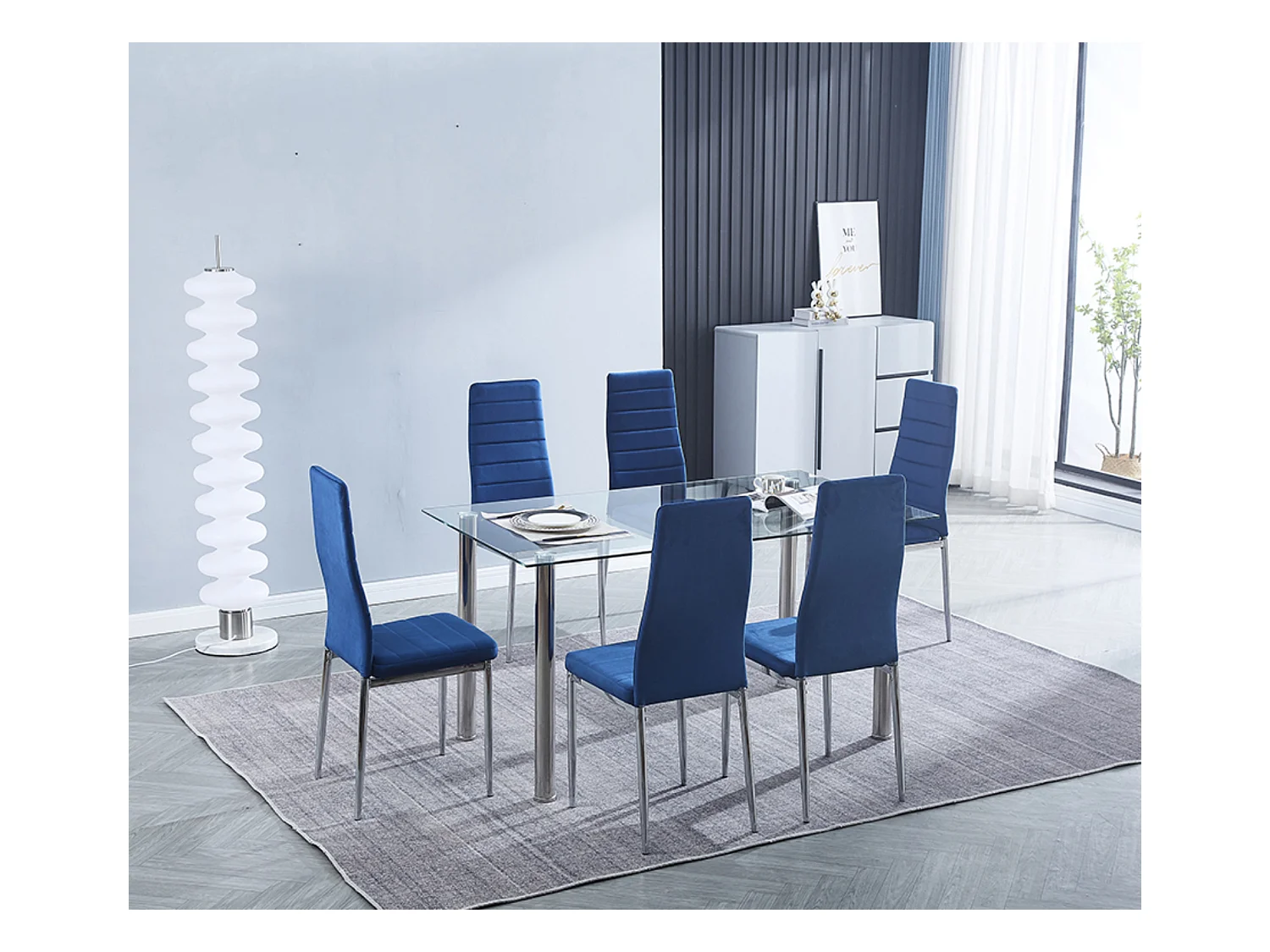 Lot de 6 chaises de salle à manger en velours coloris bleu avec pieds chromés - Longueur 41 x profondeur 52 x hauteur 98 cm