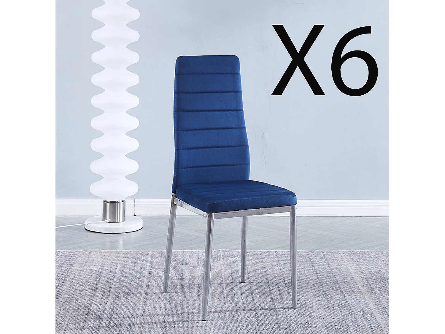 Lot de 6 chaises de salle à manger en velours coloris bleu avec pieds chromés - Longueur 41 x profondeur 52 x hauteur 98 cm