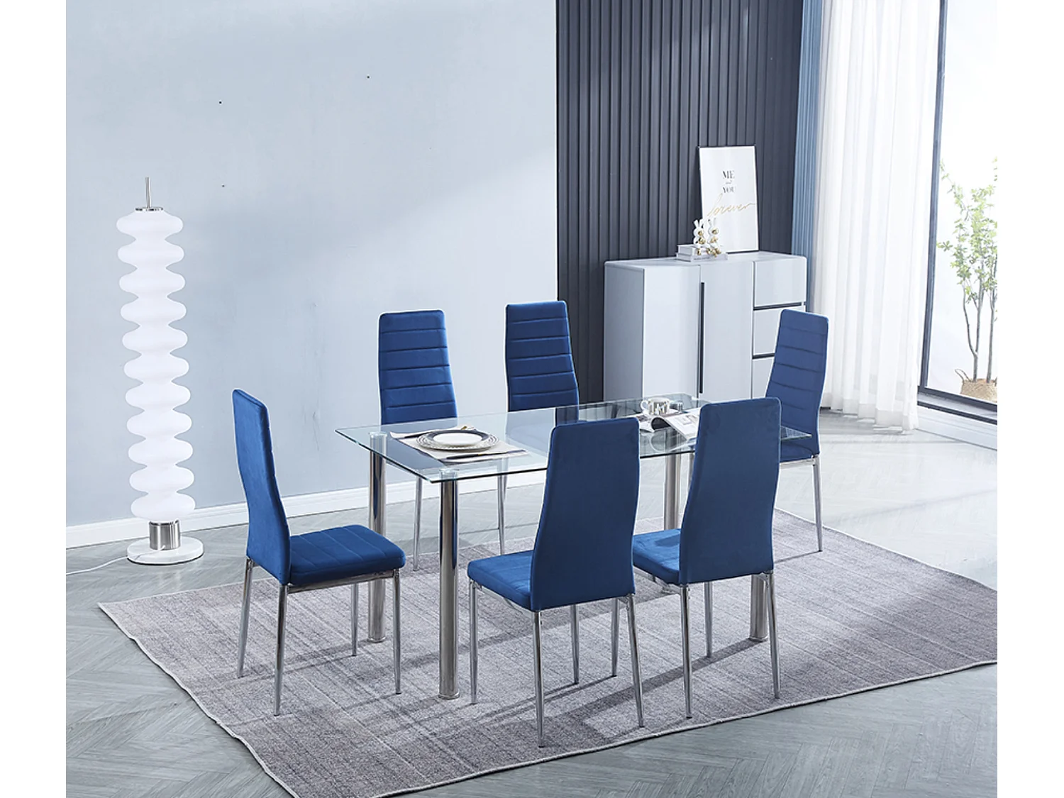 Lot de 6 chaises de salle à manger en velours coloris bleu avec pieds chromés - Longueur 41 x profondeur 52 x hauteur 98 cm