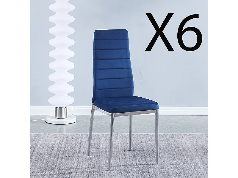 Lot de 6 chaises de salle à manger en velours coloris bleu avec pieds chromés - Longueur 41 x profondeur 52 x hauteur 98 cm