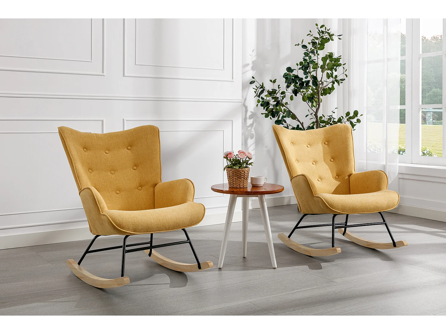 Fauteuil à bascule en tissu chiné jaune moutarde ELMINA II