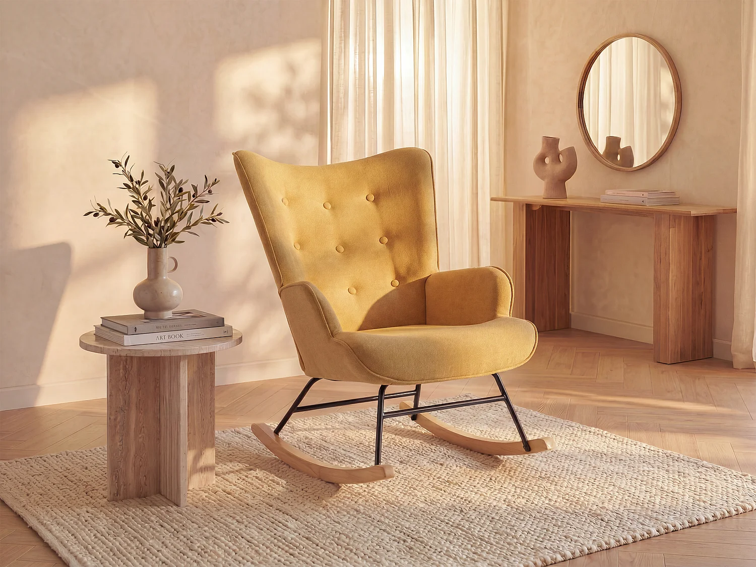 Fauteuil à bascule en tissu chiné jaune moutarde ELMINA II