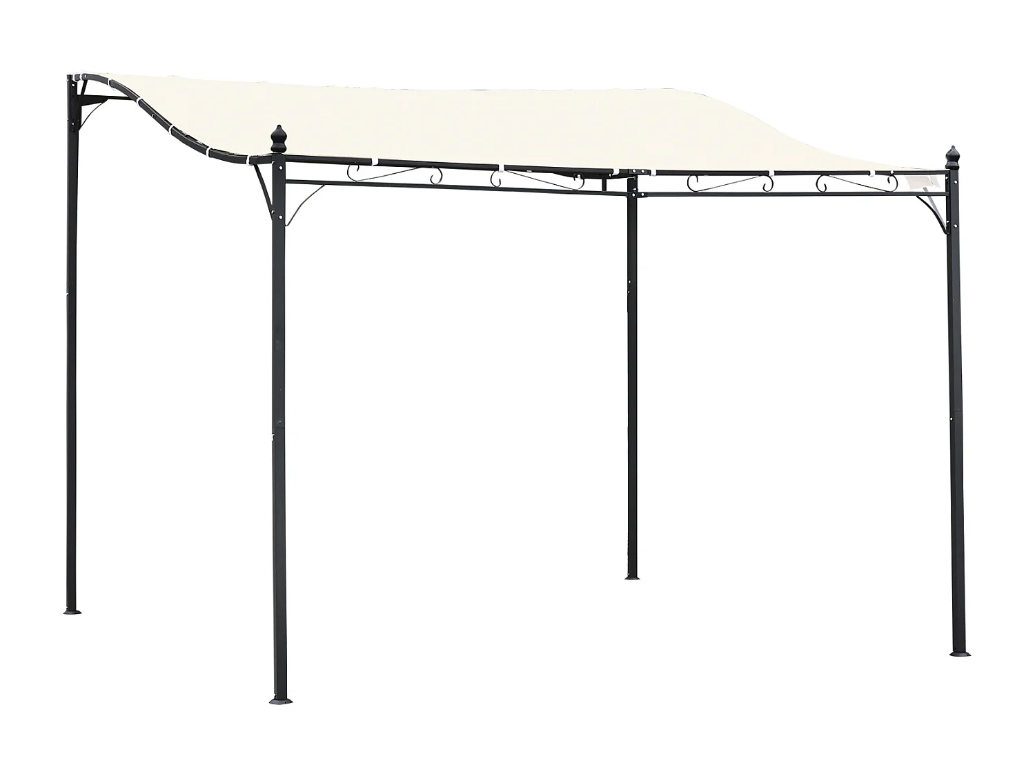 Pergola tonnelle de jardin auvent 2,97 x 2,97 m adossable métal noir polyester anti-UV beige
