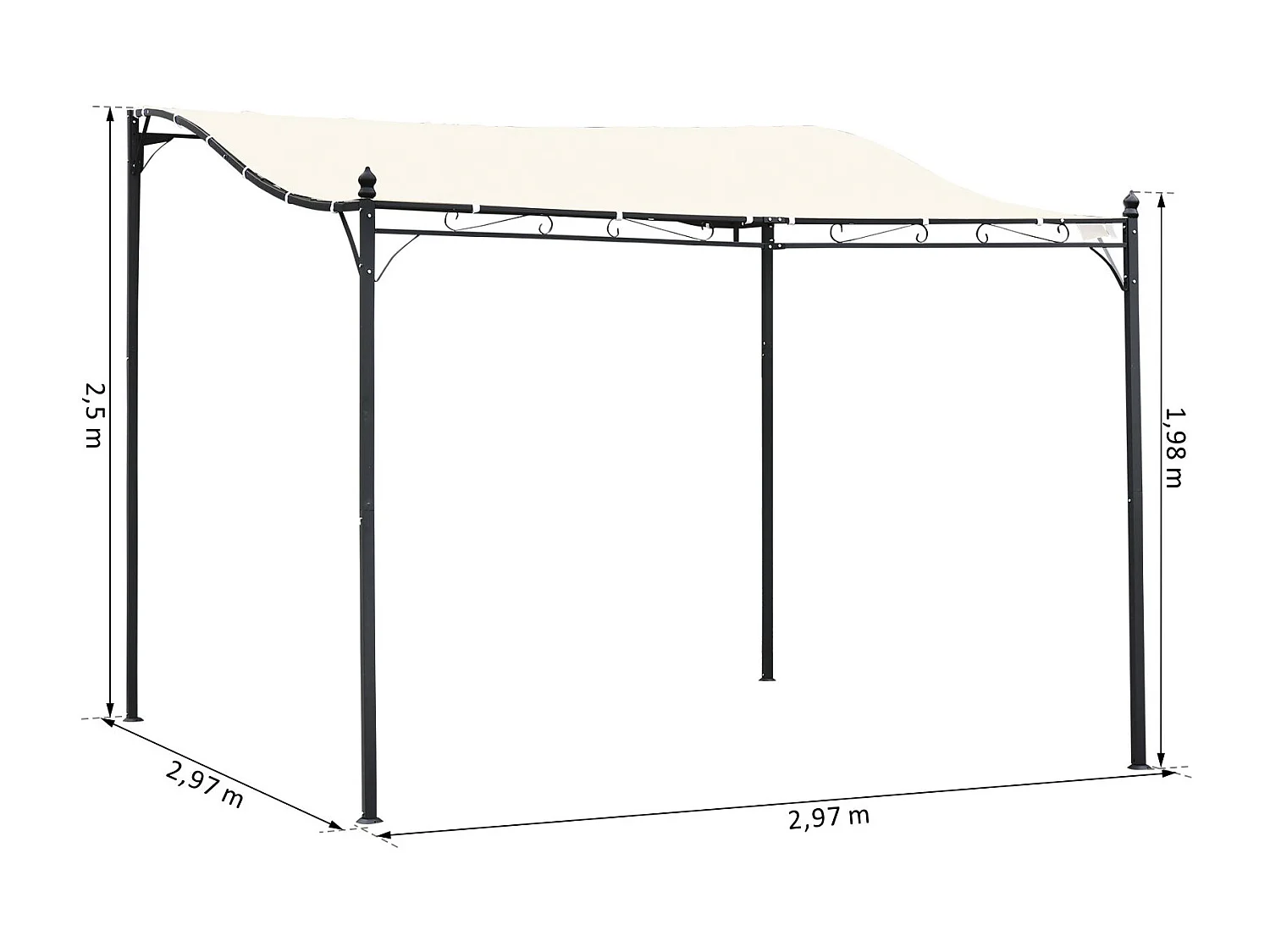 Pergola tonnelle de jardin auvent 2,97 x 2,97 m adossable métal noir polyester anti-UV beige
