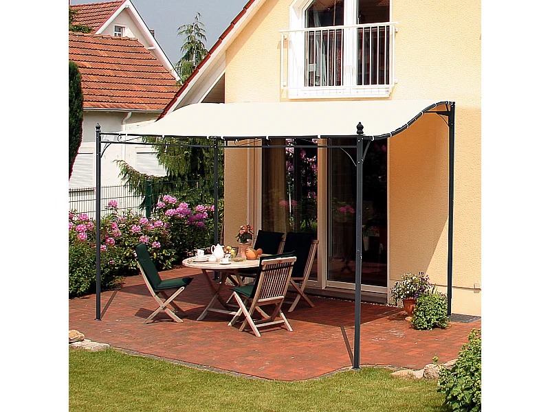 Pergola tonnelle de jardin auvent 2,97 x 2,97 m adossable métal noir polyester anti-UV beige