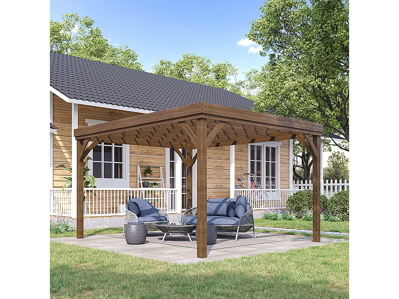 Pergola autoportante style rustique chic - Toit terrasse à décorer - dim. 3,65L x 3l x 2,15H m - bois sapin pré-huilé