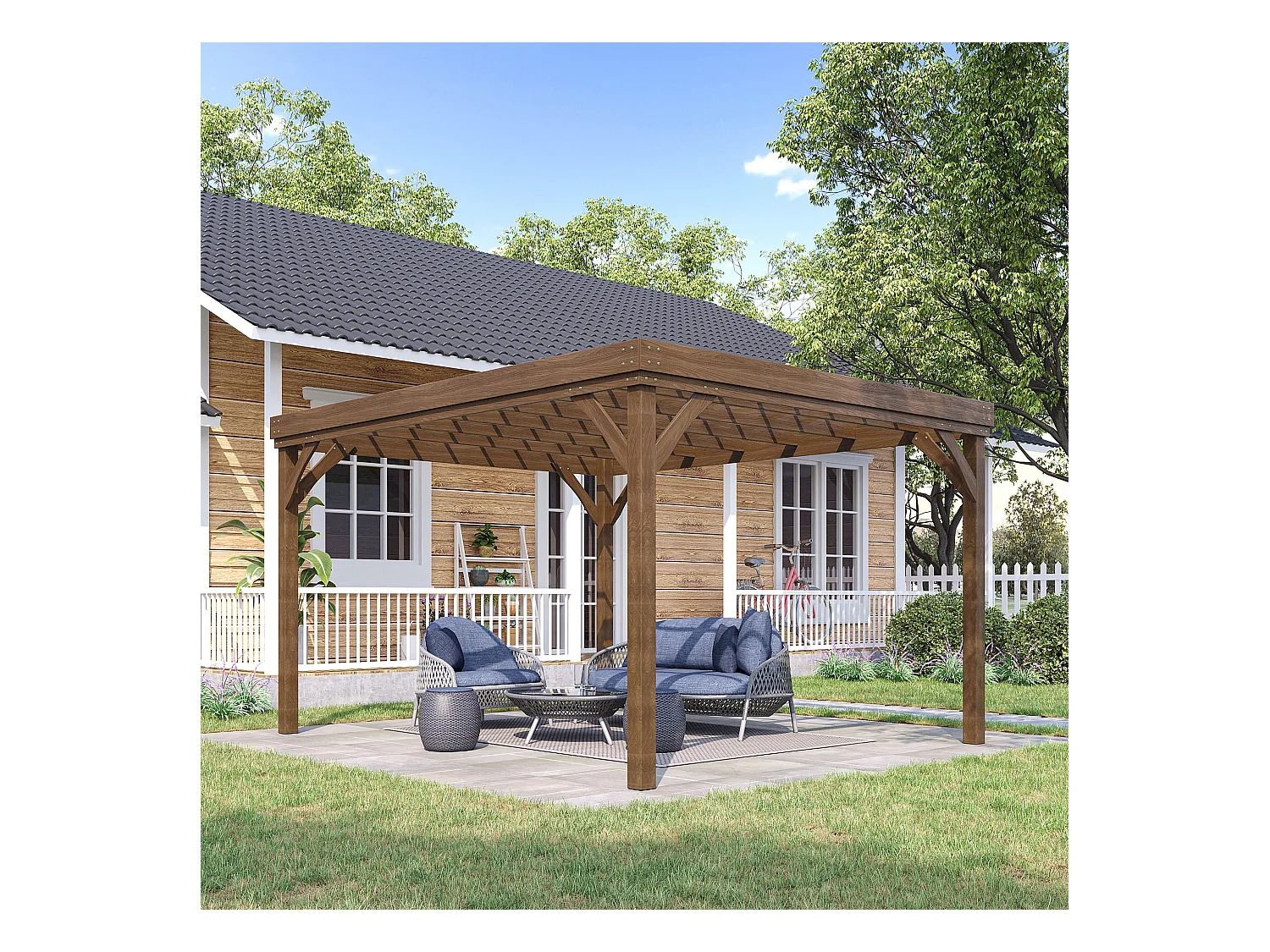 Pergola autoportante style rustique chic - Toit terrasse à décorer - dim. 3,65L x 3l x 2,15H m - bois sapin pré-huilé
