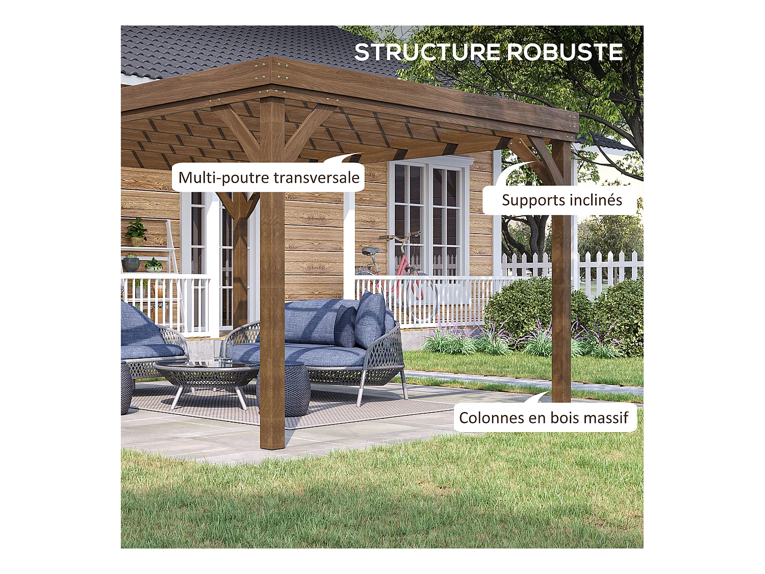 Pergola autoportante style rustique chic - Toit terrasse à décorer - dim. 3,65L x 3l x 2,15H m - bois sapin pré-huilé
