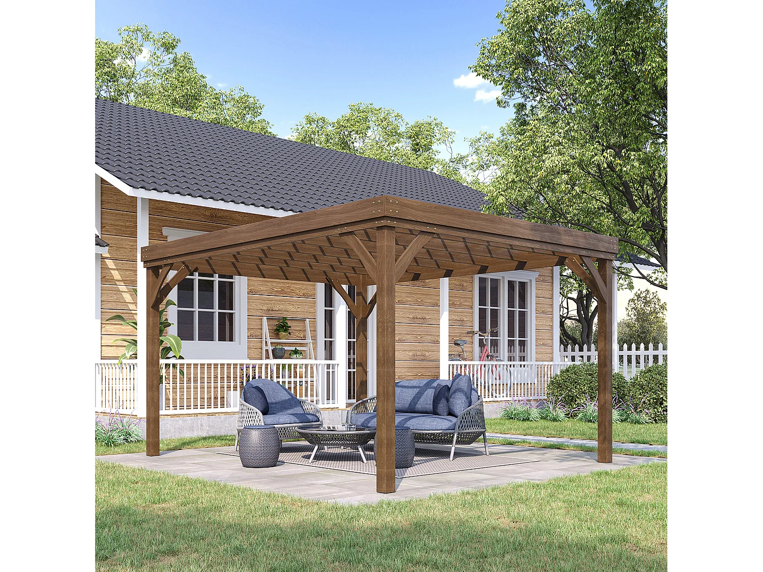 Pergola autoportante style rustique chic - Toit terrasse à décorer - dim. 3,65L x 3l x 2,15H m - bois sapin pré-huilé
