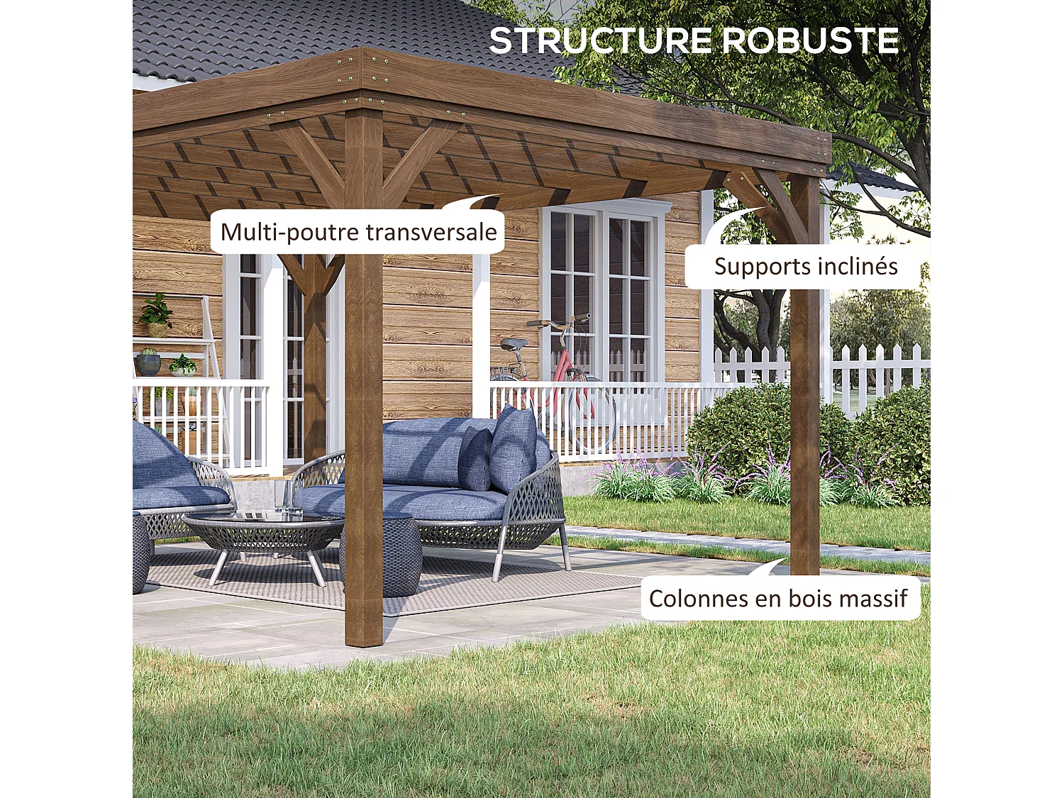Pergola autoportante style rustique chic - Toit terrasse à décorer - dim. 3,65L x 3l x 2,15H m - bois sapin pré-huilé