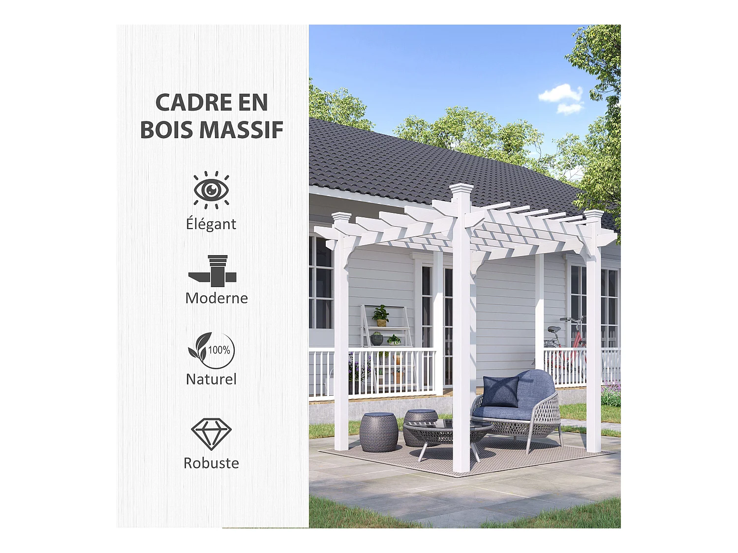 Pergola autoportante style contemporain - Toit terrasse à décorer - dim. 2,3L x 2,3l x 2,3H m - bois sapin blanc