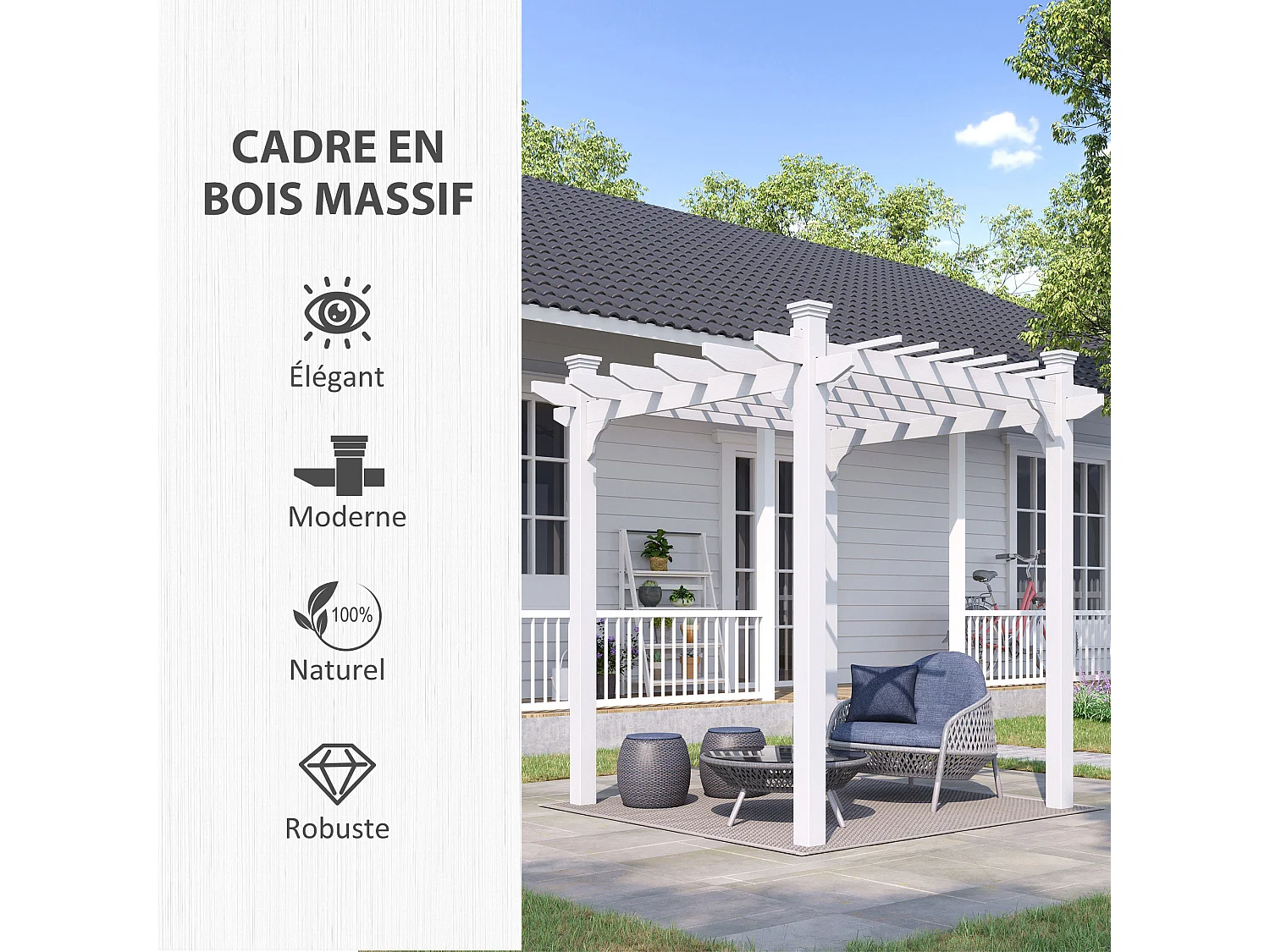 Pergola autoportante style contemporain - Toit terrasse à décorer - dim. 2,3L x 2,3l x 2,3H m - bois sapin blanc