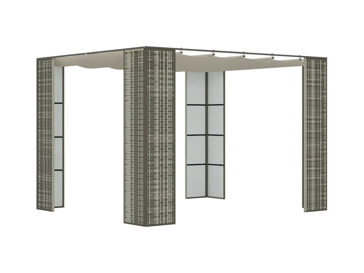 Pergola rétractable style colonial dim. 2,98L x 2,98l x 2H m métal époxy anticorrosion résine tressée toile polyester haute densité 180 g/m² crème