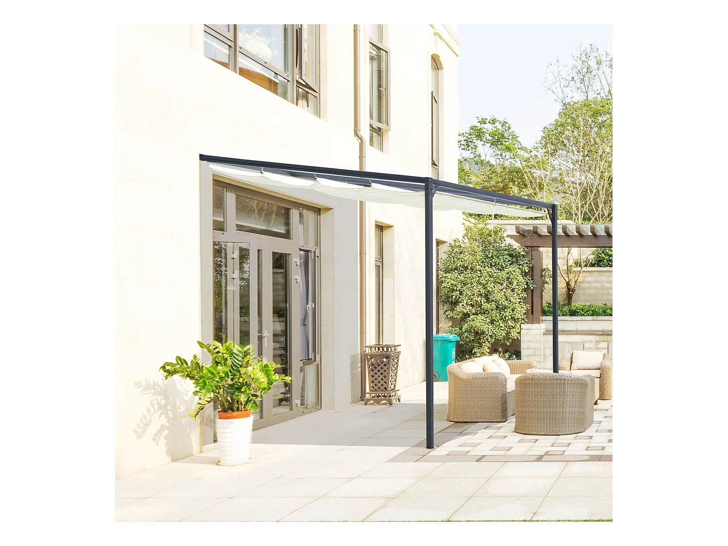Pergola adossable retractable dim. 3L x 3l x 2,3H m pavillon de jardin toile polyester haute densité crème structure métal époxy gris