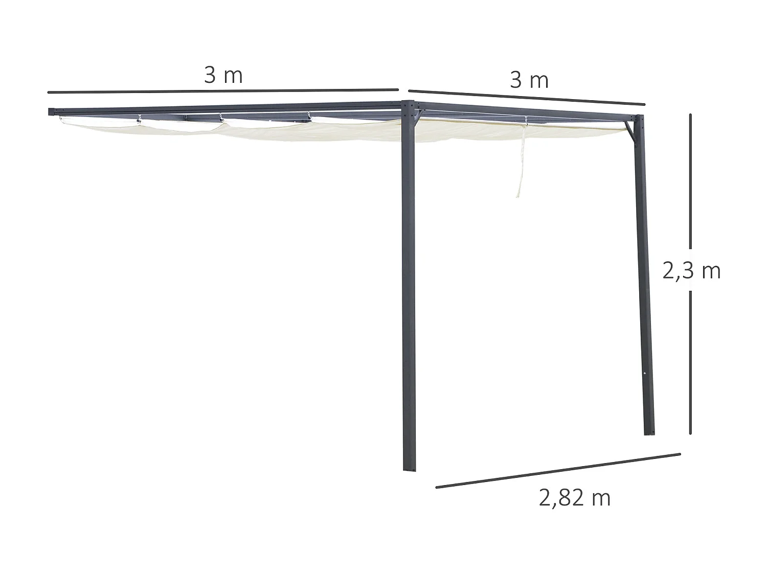 Pergola adossable retractable dim. 3L x 3l x 2,3H m pavillon de jardin toile polyester haute densité crème structure métal époxy gris