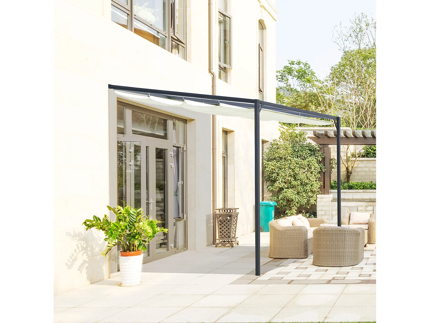 Pergola adossable retractable dim. 3L x 3l x 2,3H m pavillon de jardin toile polyester haute densité crème structure métal époxy gris