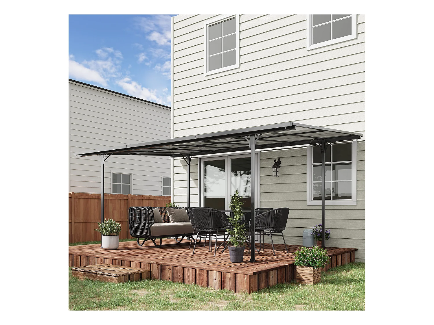 Pergola adossable rigide acier alu. toit polycarbonate dim. 5L x 2,99l x 2,23H m gris