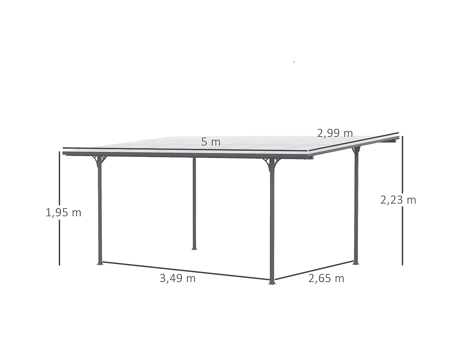 Pergola adossable rigide acier alu. toit polycarbonate dim. 5L x 2,99l x 2,23H m gris