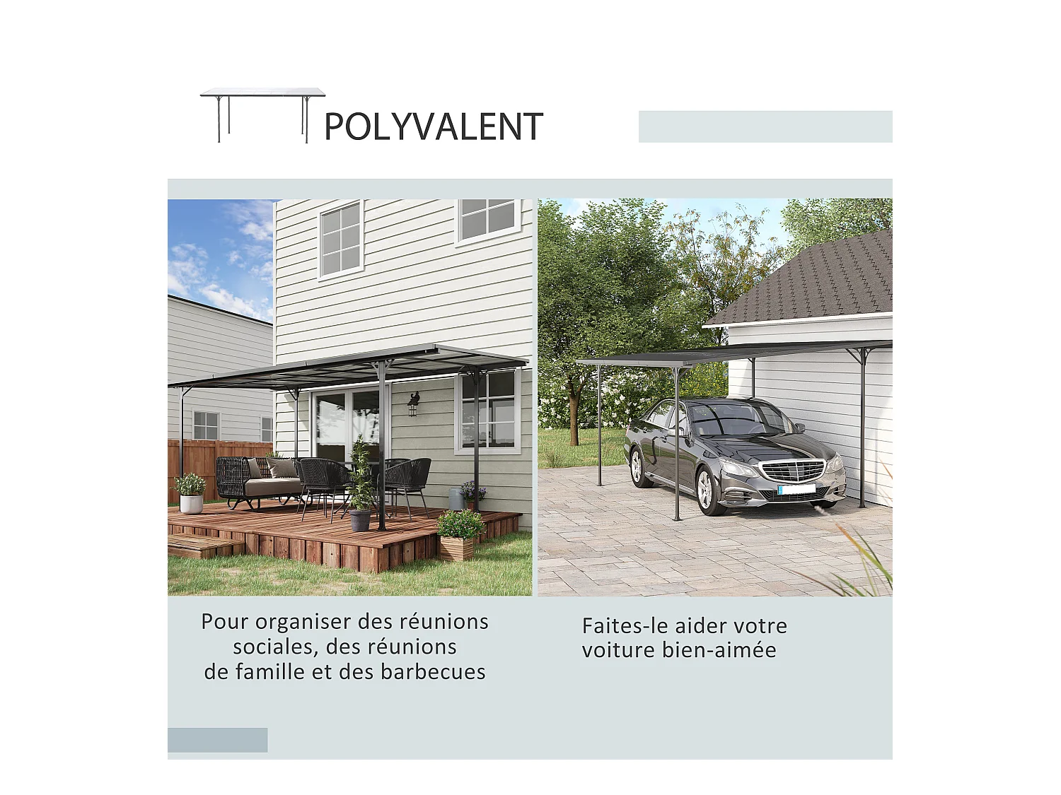 Pergola adossable rigide acier alu. toit polycarbonate dim. 5L x 2,99l x 2,23H m gris