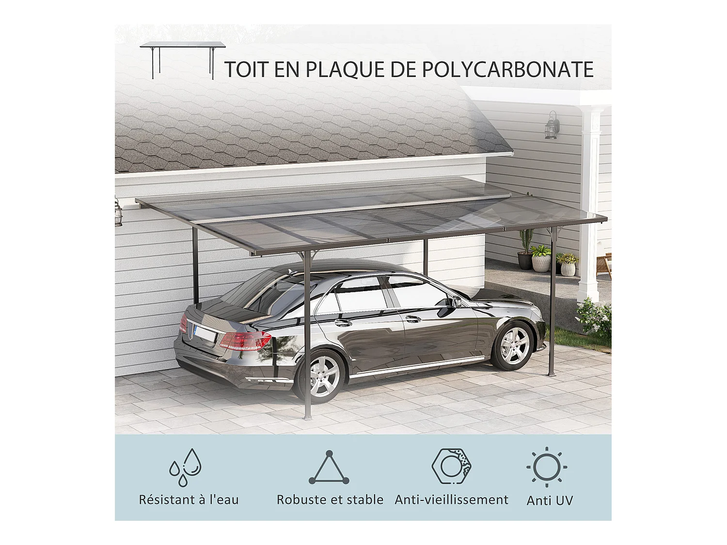 Pergola adossable rigide acier alu. toit polycarbonate dim. 5L x 2,99l x 2,23H m gris