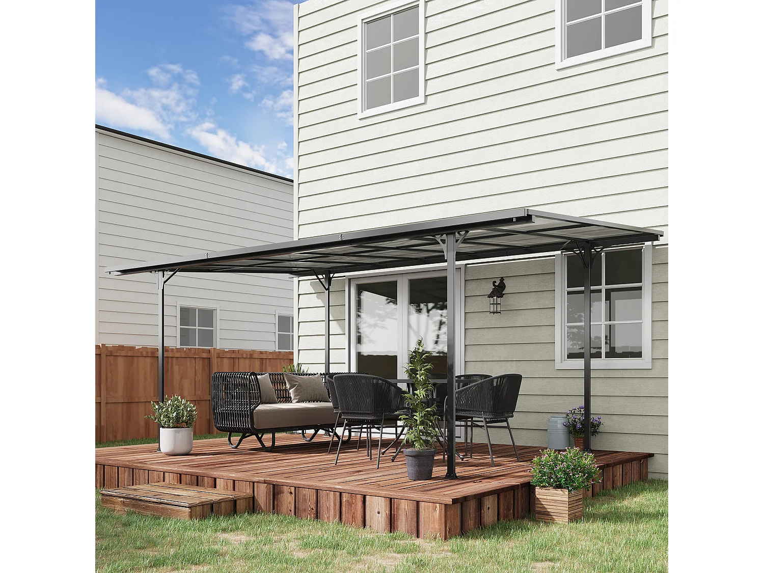 Pergola adossable rigide acier alu. toit polycarbonate dim. 5L x 2,99l x 2,23H m gris