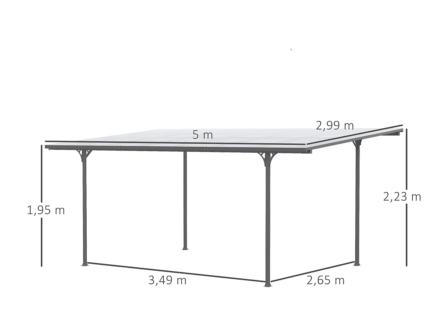 Pergola adossable rigide acier alu. toit polycarbonate dim. 5L x 2,99l x 2,23H m gris