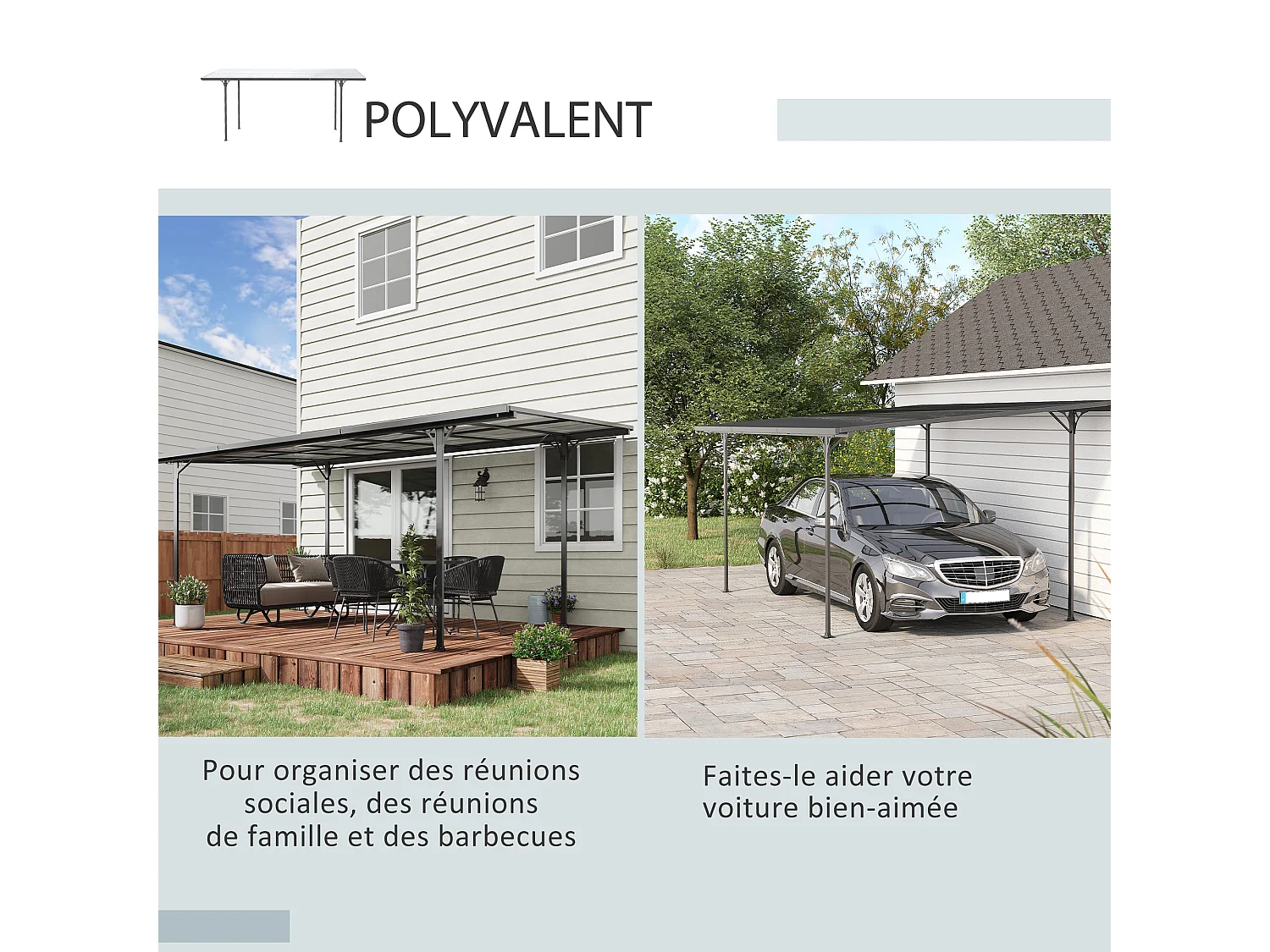 Pergola adossable rigide acier alu. toit polycarbonate dim. 5L x 2,99l x 2,23H m gris