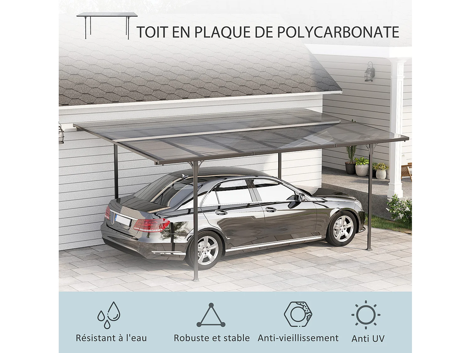 Pergola adossable rigide acier alu. toit polycarbonate dim. 5L x 2,99l x 2,23H m gris