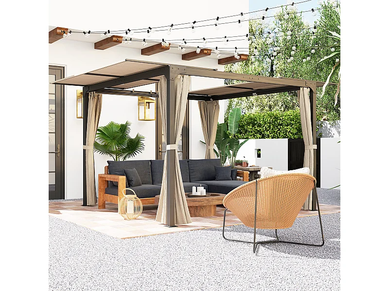 Pergola rétractable dim. 2,95L x 2,95l x 2,20H m double toit coulissant 4 rideaux alu. acier noir polyester beige