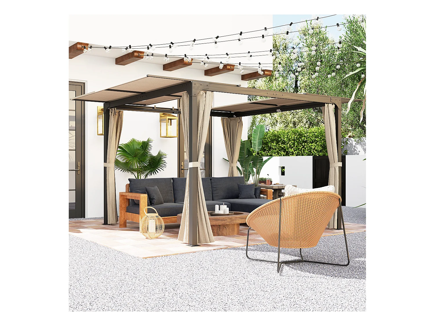 Pergola rétractable dim. 2,95L x 2,95l x 2,20H m double toit coulissant 4 rideaux alu. acier noir polyester beige