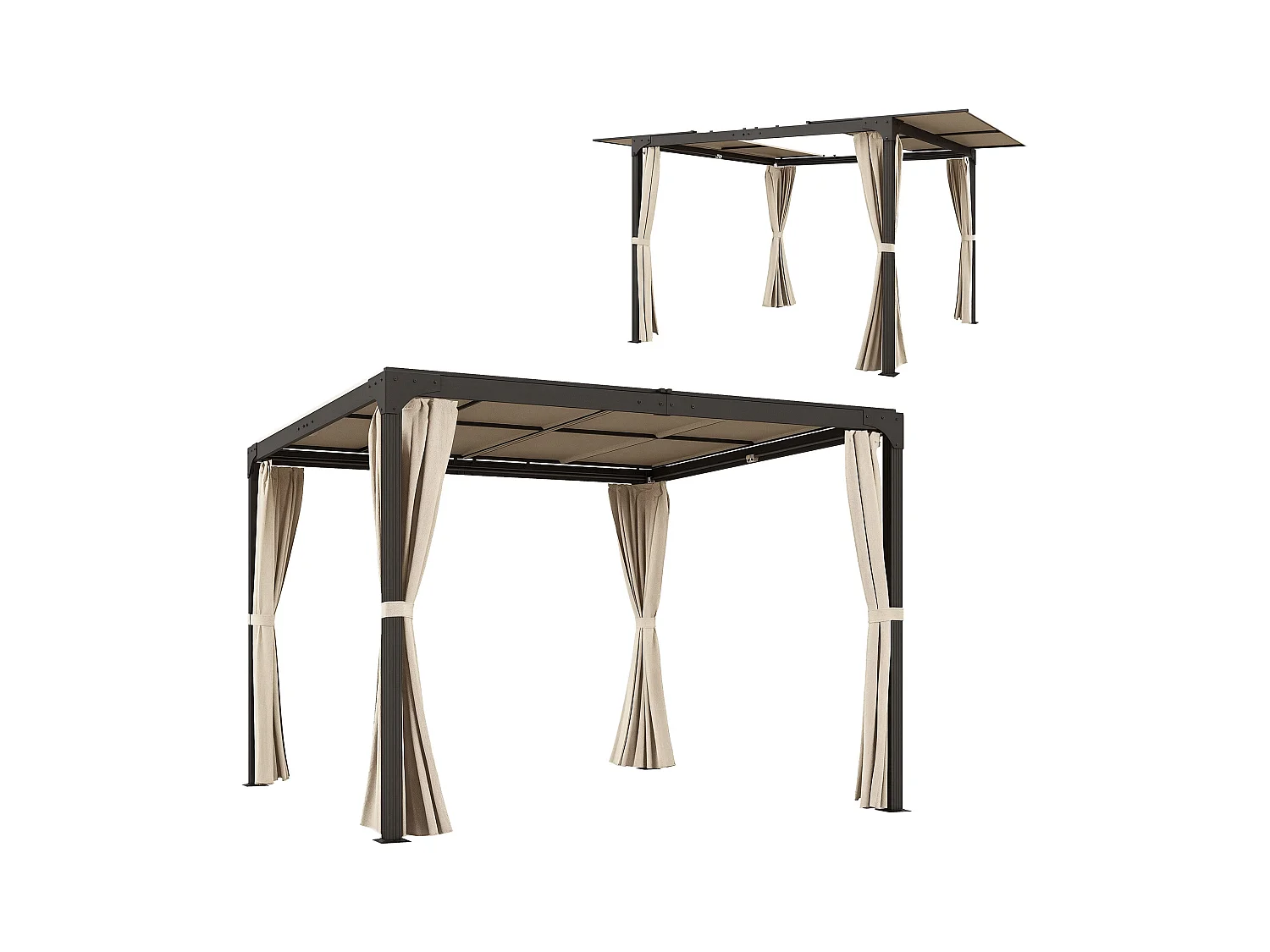 Pergola rétractable dim. 2,95L x 2,95l x 2,20H m double toit coulissant 4 rideaux alu. acier noir polyester beige