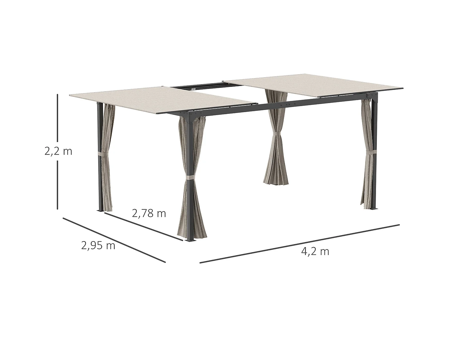 Pergola rétractable dim. 2,95L x 2,95l x 2,20H m double toit coulissant 4 rideaux alu. acier noir polyester beige