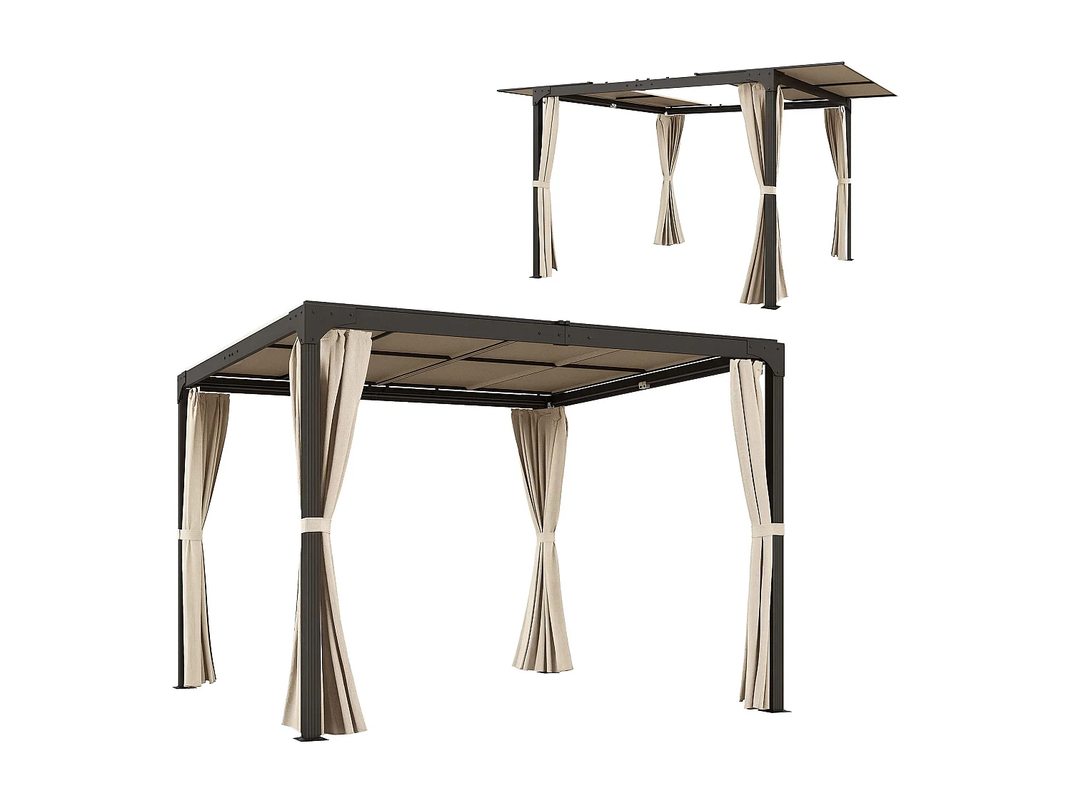 Pergola rétractable dim. 2,95L x 2,95l x 2,20H m double toit coulissant 4 rideaux alu. acier noir polyester beige