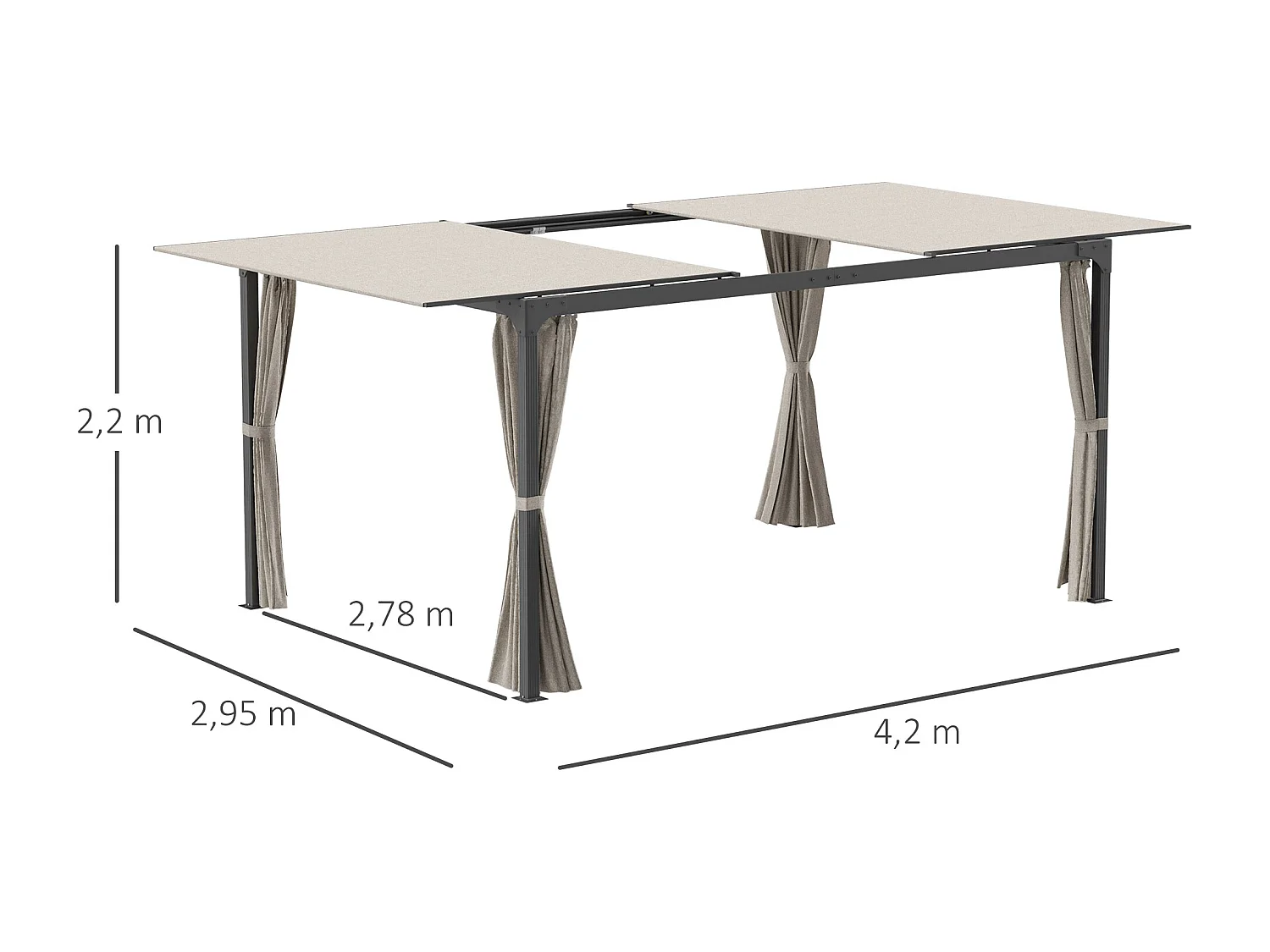 Pergola rétractable dim. 2,95L x 2,95l x 2,20H m double toit coulissant 4 rideaux alu. acier noir polyester beige