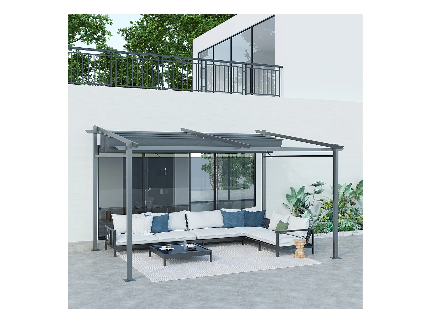 Pergola rétractable 3,97L x 2,95l x 2,3H m structure alu. métal époxy polyester gris