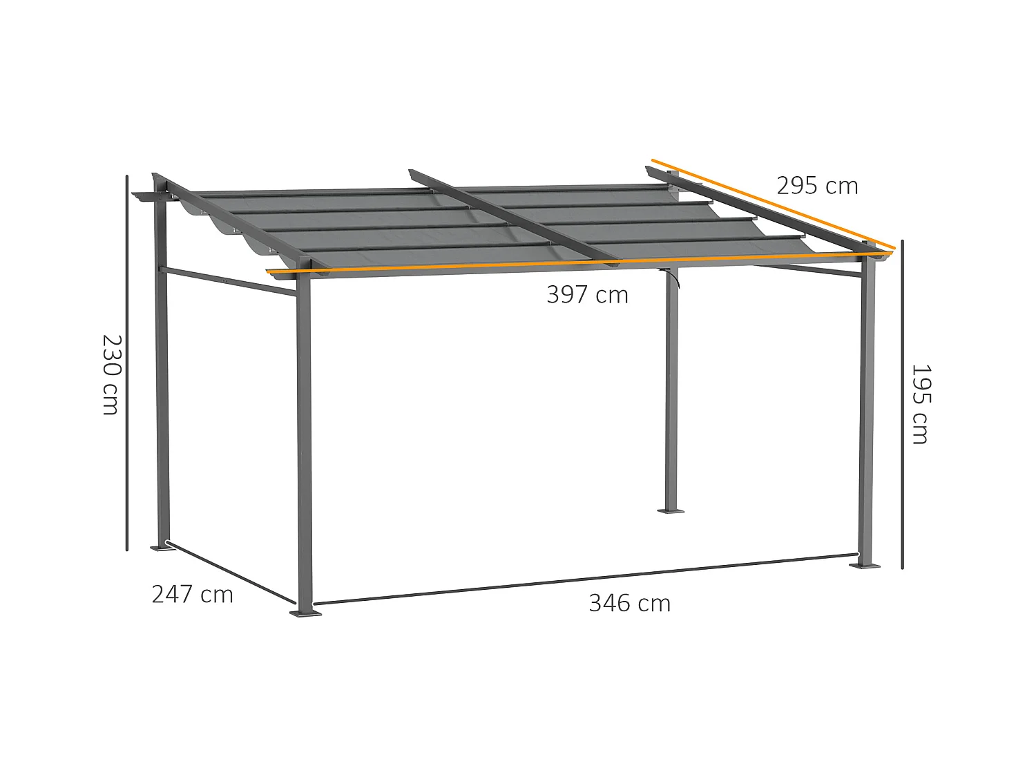 Pergola rétractable 3,97L x 2,95l x 2,3H m structure alu. métal époxy polyester gris