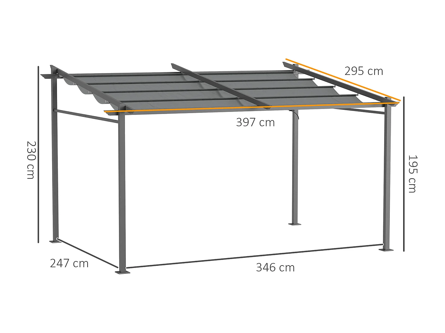 Pergola rétractable 3,97L x 2,95l x 2,3H m structure alu. métal époxy polyester gris