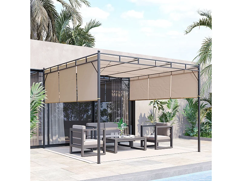 Pergola rétractable dim. 3L x 3l x 2,2H m structure acier époxy anticorrosion noir triple toile polyester haute densité beige