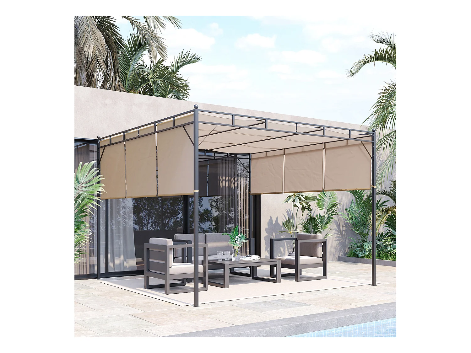 Pergola rétractable dim. 3L x 3l x 2,2H m structure acier époxy anticorrosion noir triple toile polyester haute densité beige