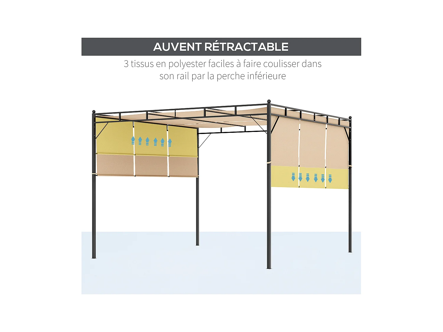 Pergola rétractable dim. 3L x 3l x 2,2H m structure acier époxy anticorrosion noir triple toile polyester haute densité beige