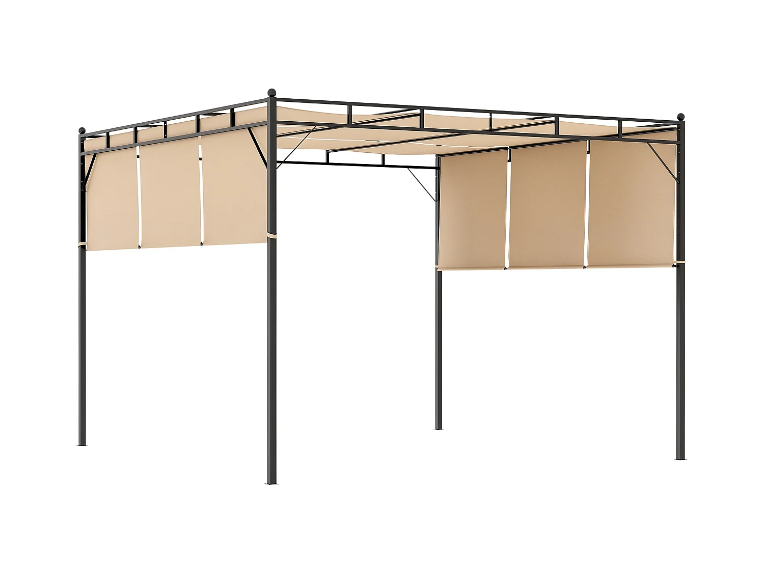 Pergola rétractable dim. 3L x 3l x 2,2H m structure acier époxy anticorrosion noir triple toile polyester haute densité beige