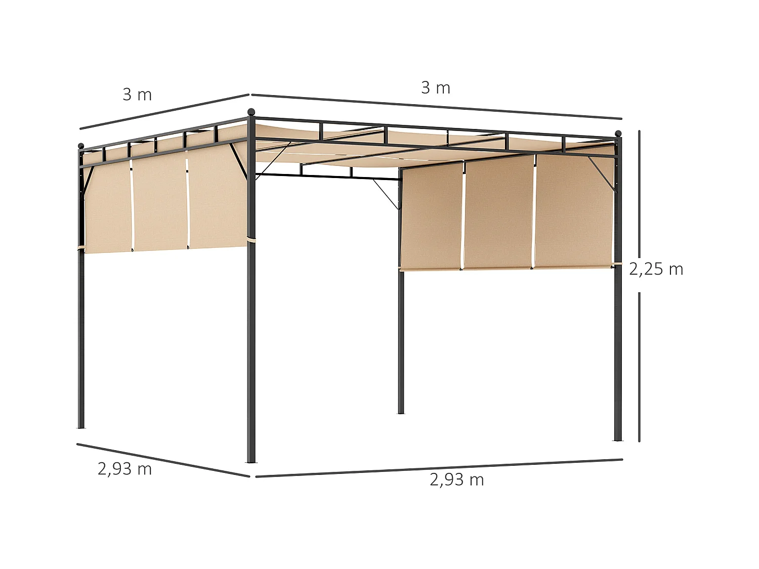 Pergola rétractable dim. 3L x 3l x 2,2H m structure acier époxy anticorrosion noir triple toile polyester haute densité beige