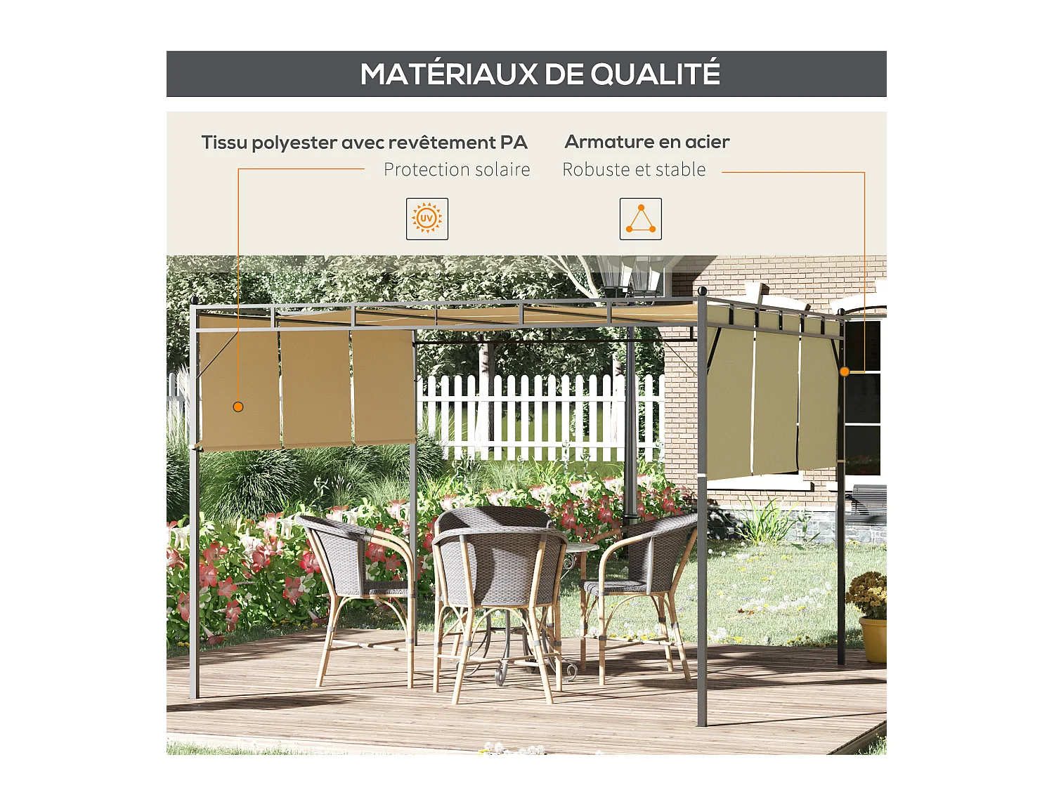 Pergola rétractable dim. 3L x 3l x 2,2H m structure acier époxy anticorrosion noir triple toile polyester haute densité beige