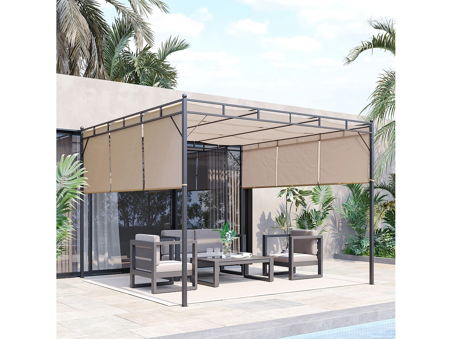 Pergola rétractable dim. 3L x 3l x 2,2H m structure acier époxy anticorrosion noir triple toile polyester haute densité beige
