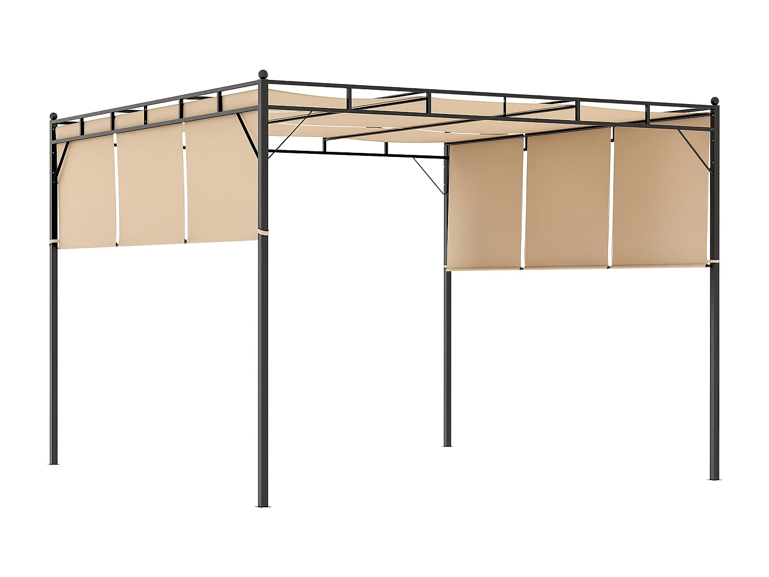 Pergola rétractable dim. 3L x 3l x 2,2H m structure acier époxy anticorrosion noir triple toile polyester haute densité beige