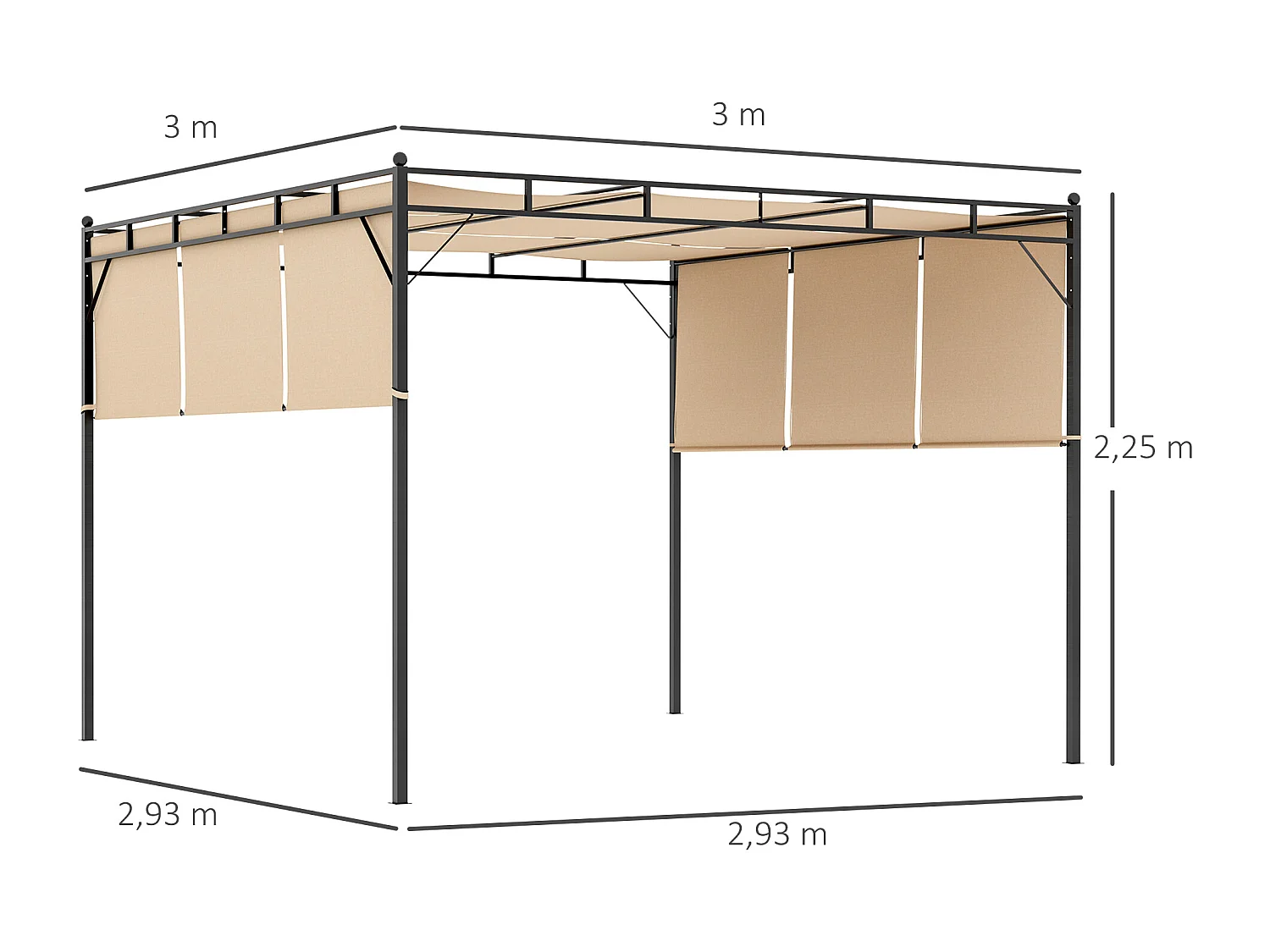 Pergola rétractable dim. 3L x 3l x 2,2H m structure acier époxy anticorrosion noir triple toile polyester haute densité beige