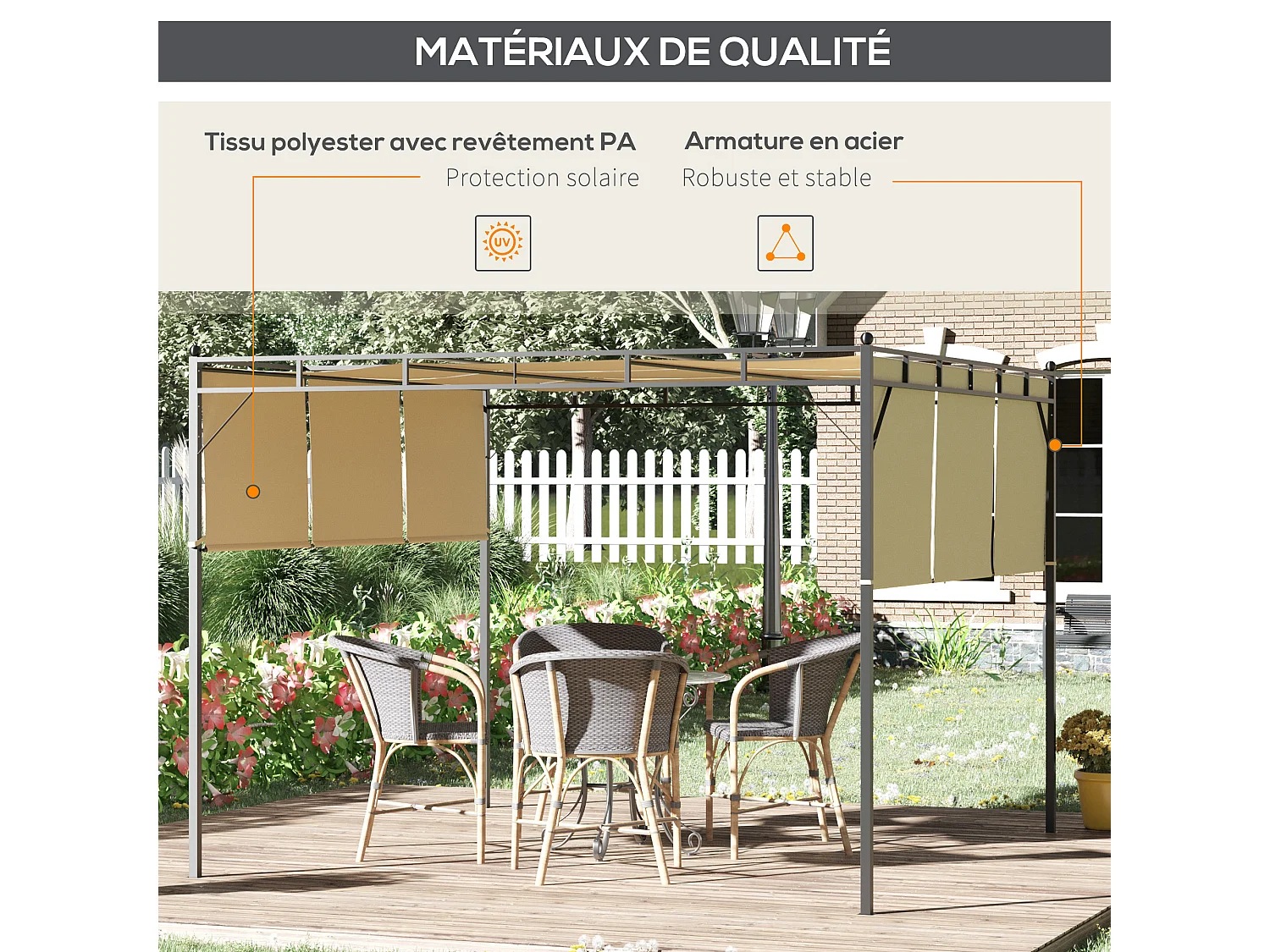 Pergola rétractable dim. 3L x 3l x 2,2H m structure acier époxy anticorrosion noir triple toile polyester haute densité beige